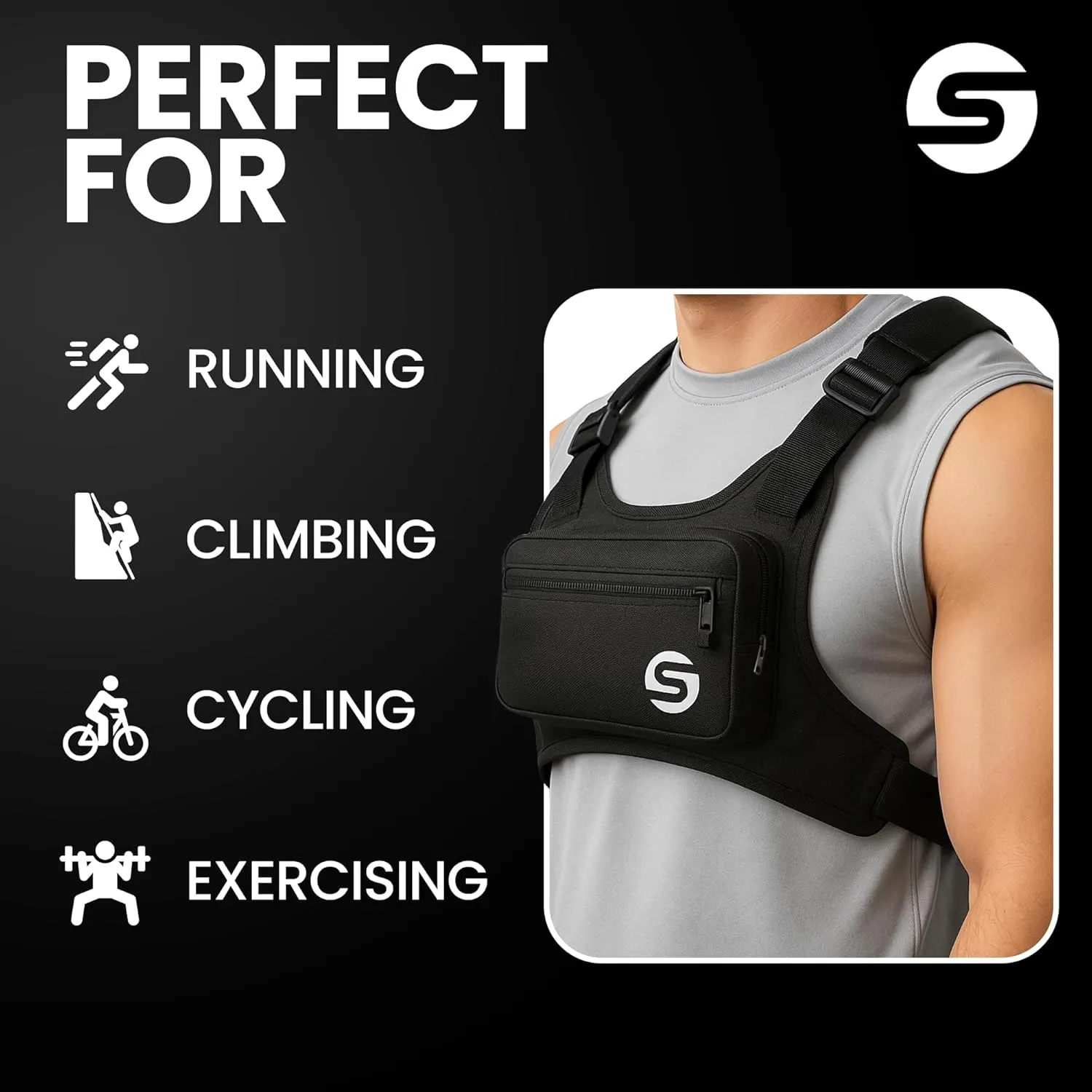 Running Chest Bag for Men Women with Collapsible Water Bottle, Water-Resistant Adjustable Chest Pack with Reflective Back for Cycling, Hiking, Workouts, with Phone Holder and Extra Storage (Black)