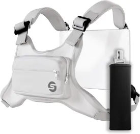 Running Chest Bag for Men Women with Collapsible Water Bottle, Water-Resistant Adjustable Chest Pack with Reflective Back for Cycling, Hiking, Workouts, with Phone Holder and Extra Storage (White)