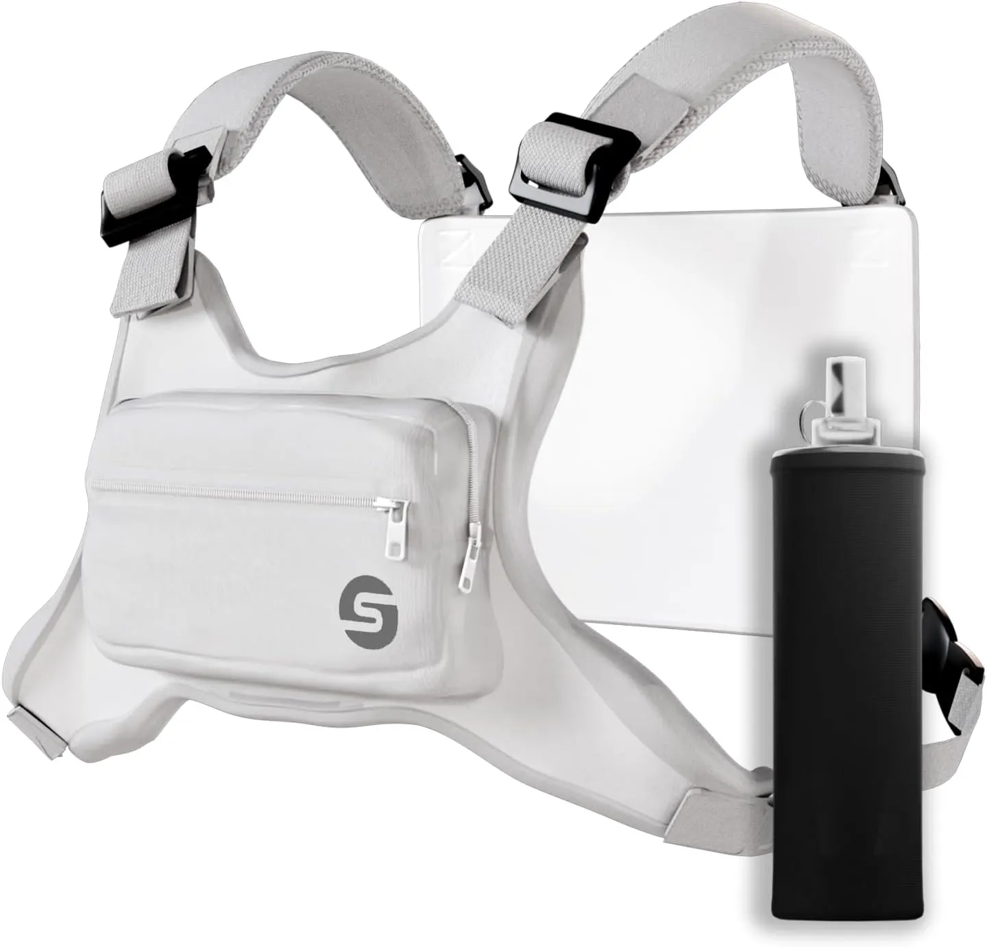 Running Chest Bag for Men Women with Collapsible Water Bottle, Water-Resistant Adjustable Chest Pack with Reflective Back for Cycling, Hiking, Workouts, with Phone Holder and Extra Storage (White)