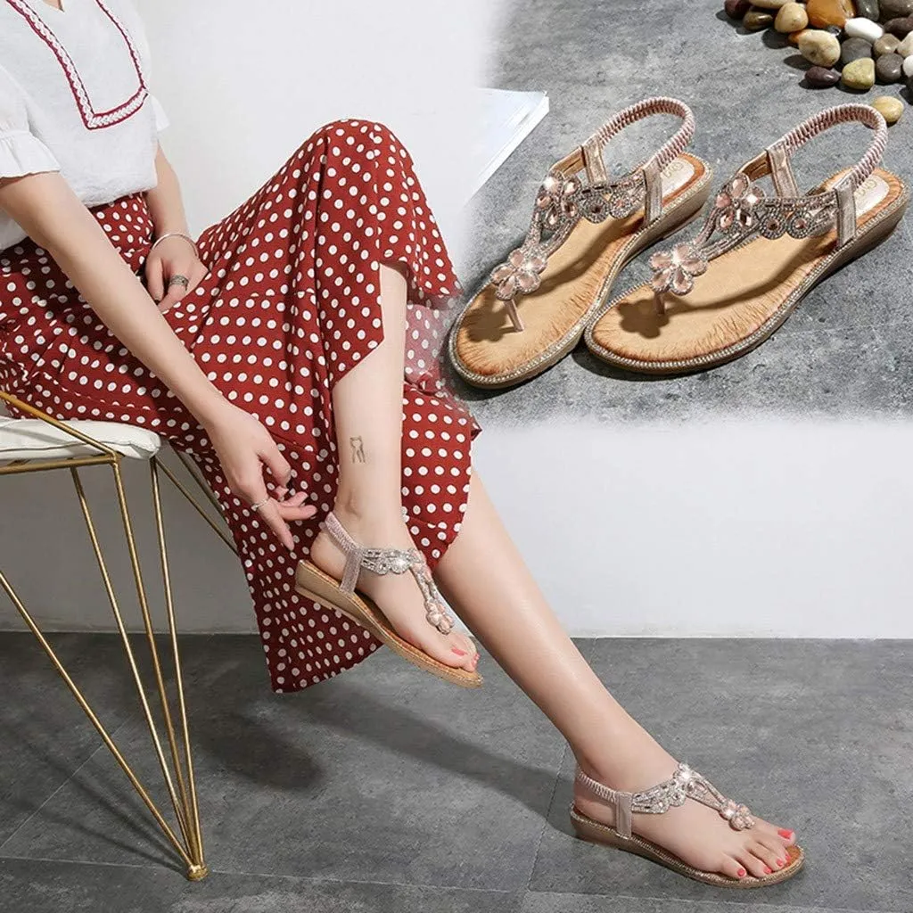 Sandals for Women 2025 Dressy Bohemia Wedges Sandals Summer Beach Sandals Elastic Ankle Strap Sandal