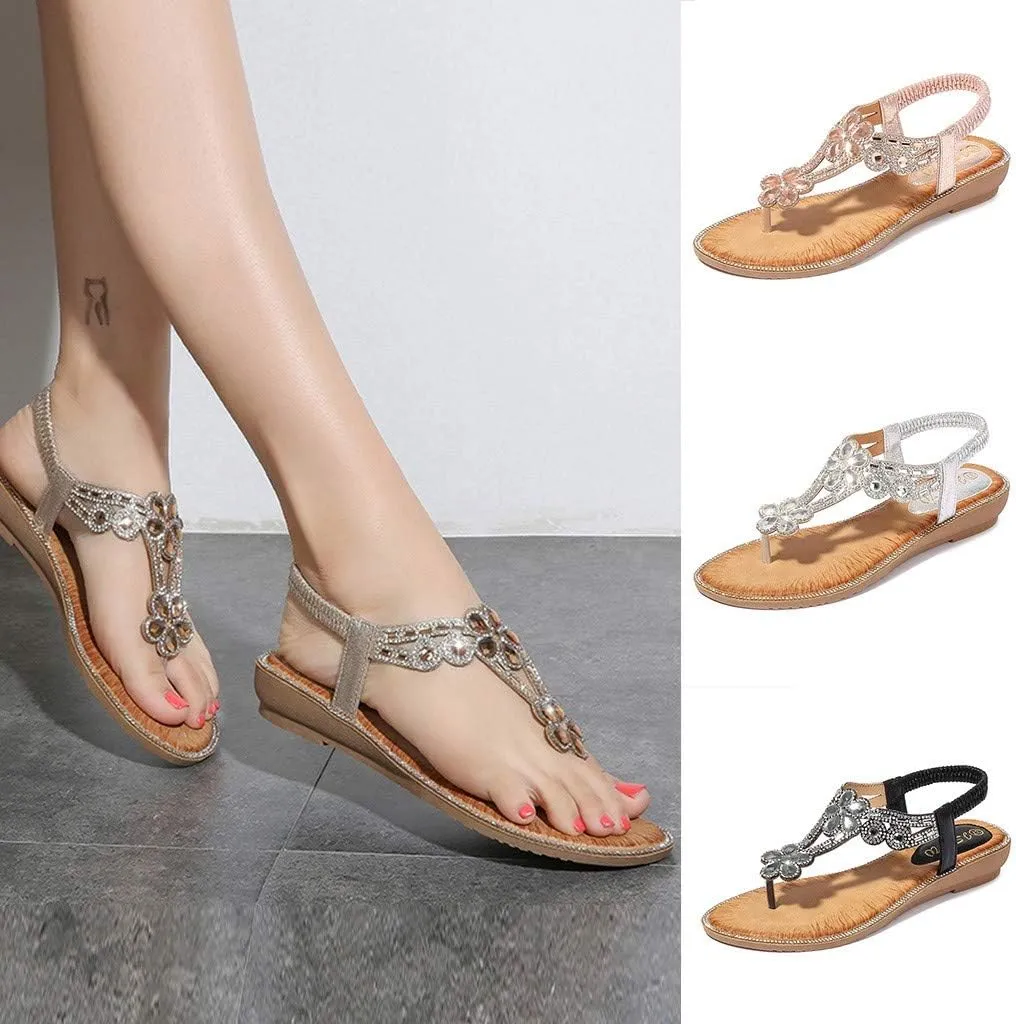Sandals for Women 2025 Dressy Bohemia Wedges Sandals Summer Beach Sandals Elastic Ankle Strap Sandal