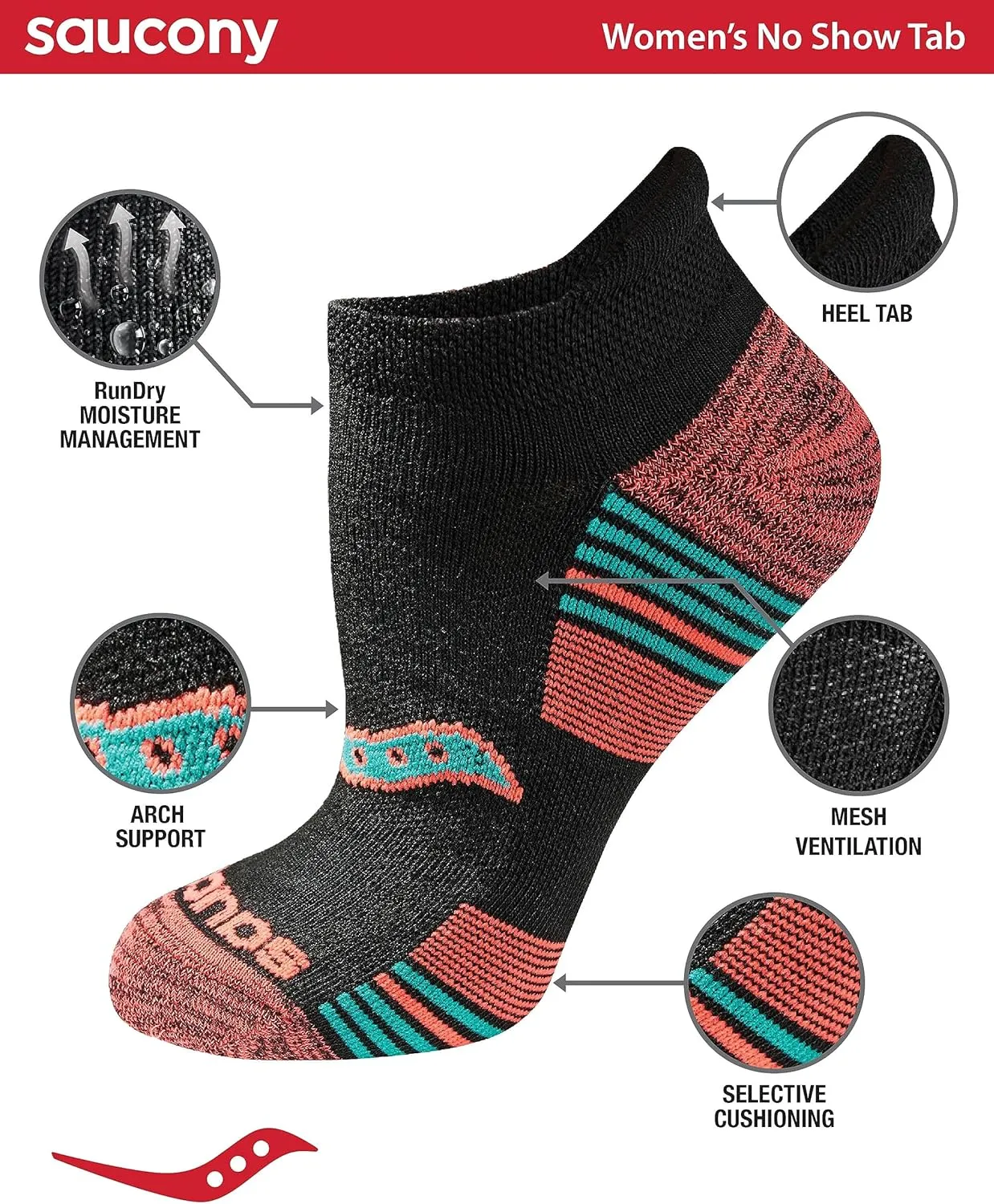 Saucony Women's Rundry Performance Heel Tab Athletic Socks, Available in S-l (8, 16, 24 Pairs)