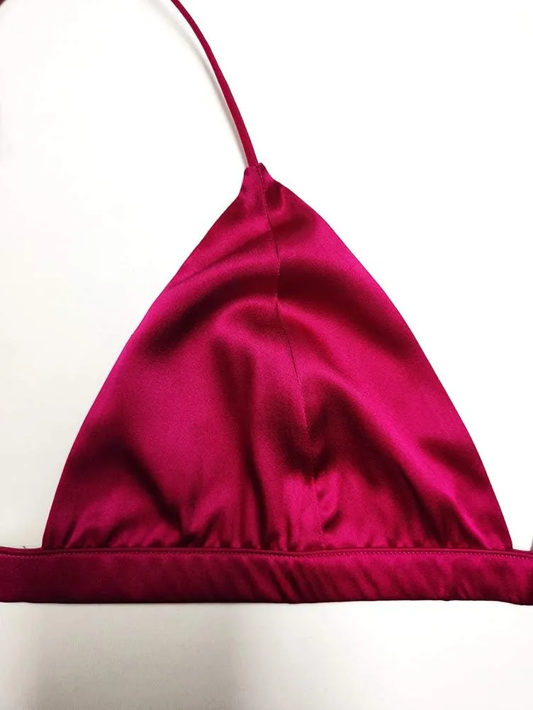 SilRiver Women's Silk Satin Triangle Bralette Soft Cup Wireless Bra Smooth and Comfortable Wire Free Bra Top