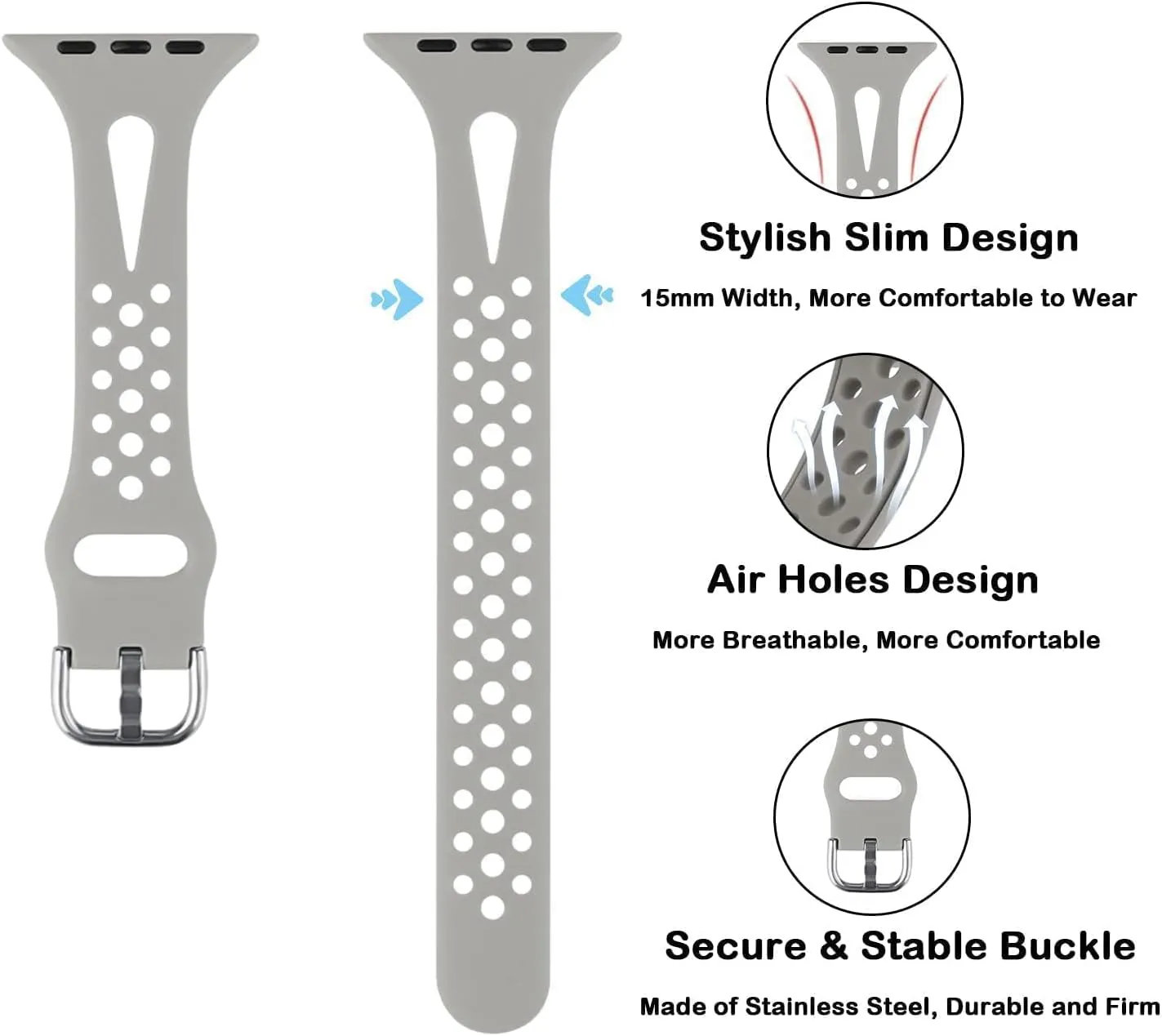 Slim Sport Band Compatible with Apple Watch Band Series 9 8 7 6 5 4 3 2 1/SE, 38/40/41mm, Women and Men, Soft Silicone Breathable Wristband, Grey