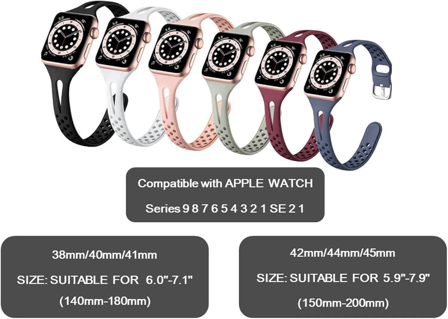 Slim Sport Band Compatible with Apple Watch Band Series 9 8 7 6 5 4 3 2 1/SE, 38/40/41mm, Women and Men, Soft Silicone Breathable Wristband, Grey