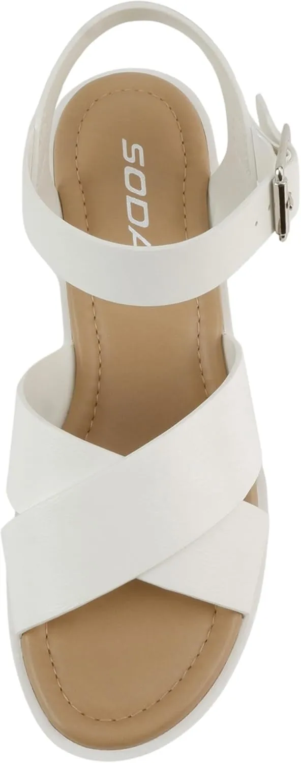Soda Joey ~ Women Open Toe Criss Cross Strap Mid Heel Sandal with Adjustable Ankle Strap