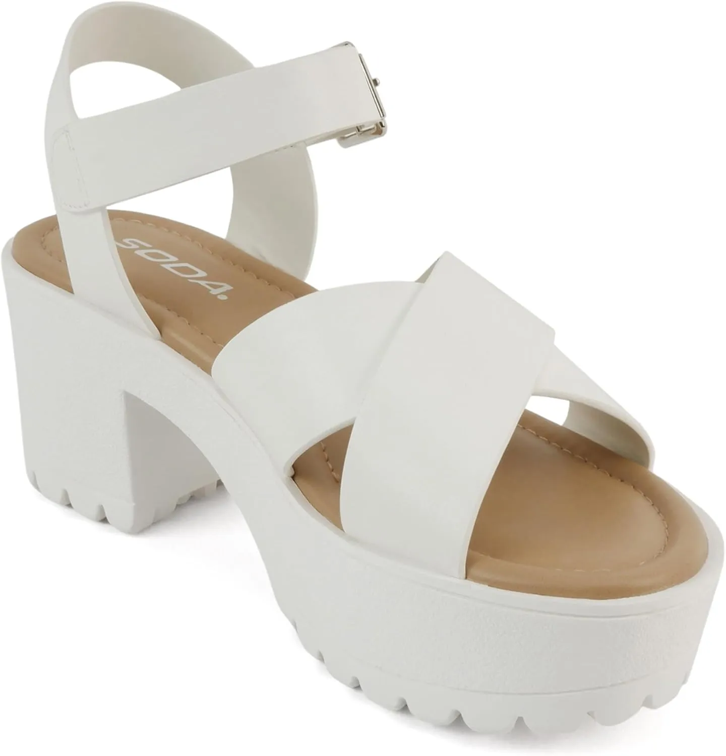 Soda Joey ~ Women Open Toe Criss Cross Strap Mid Heel Sandal with Adjustable Ankle Strap