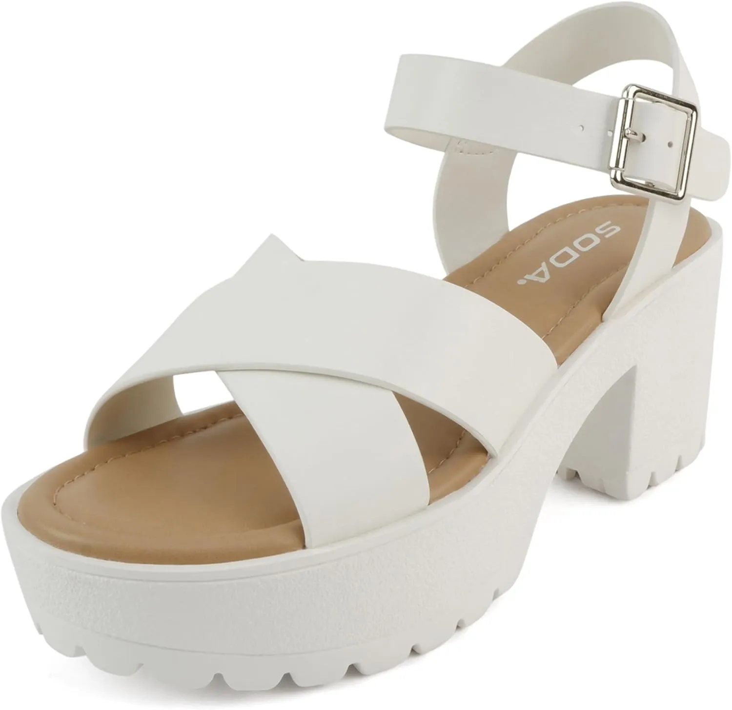 Soda Joey ~ Women Open Toe Criss Cross Strap Mid Heel Sandal with Adjustable Ankle Strap