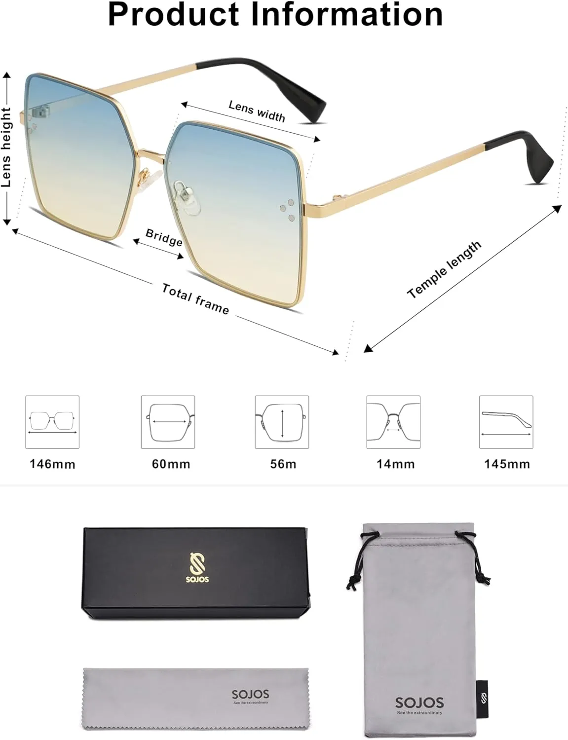 SOJOS Trendy Square Sunglasses Womens Big Oversized Designer Style UV Protection Sunnies Shades SJ1170