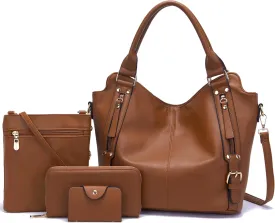 Soperwillton Purses for Women Large Shoulder Handbag Tote PU Leather Hobo Crossbody Bag Ladies Wallet Set 4pcs