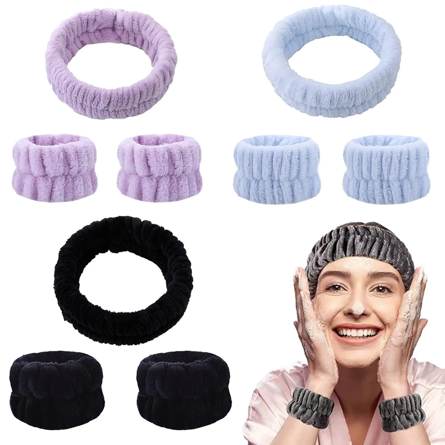 Spa Headband and Matching Wristbands for Washing Face, Adjustable Elastic Wash Wrist for Yoga Sports Make up Shower, 3pcs (Black)