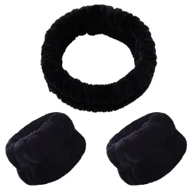 Spa Headband and Matching Wristbands for Washing Face, Adjustable Elastic Wash Wrist for Yoga Sports Make up Shower, 3pcs (Black)