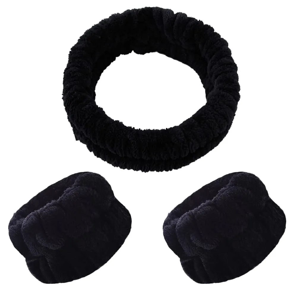 Spa Headband and Matching Wristbands for Washing Face, Adjustable Elastic Wash Wrist for Yoga Sports Make up Shower, 3pcs (Black)