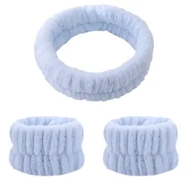 Spa Headband and Matching Wristbands for Washing Face, Adjustable Elastic Wash Wrist for Yoga Sports Make up Shower, 3pcs (Blue)