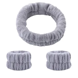 Spa Headband and Matching Wristbands for Washing Face, Adjustable Elastic Wash Wrist for Yoga Sports Make up Shower, 3pcs (Gray)