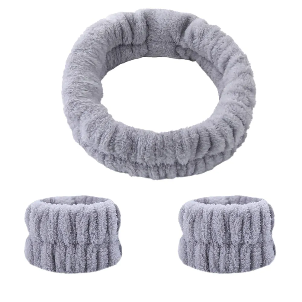 Spa Headband and Matching Wristbands for Washing Face, Adjustable Elastic Wash Wrist for Yoga Sports Make up Shower, 3pcs (Gray)