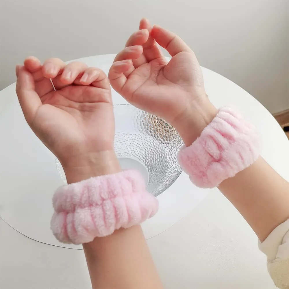 Spa Headband and Matching Wristbands for Washing Face, Adjustable Elastic Wash Wrist for Yoga Sports Make up Shower, 3pcs (Pink)