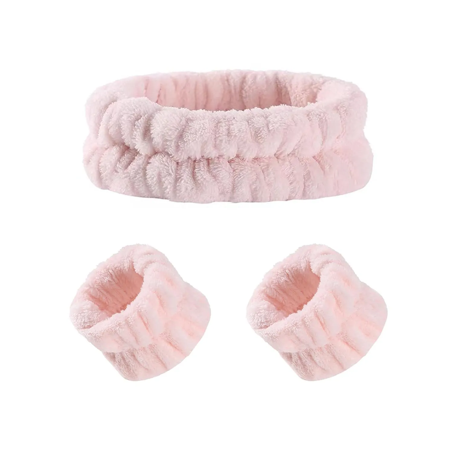 Spa Headband and Matching Wristbands for Washing Face, Adjustable Elastic Wash Wrist for Yoga Sports Make up Shower, 3pcs (Pink)