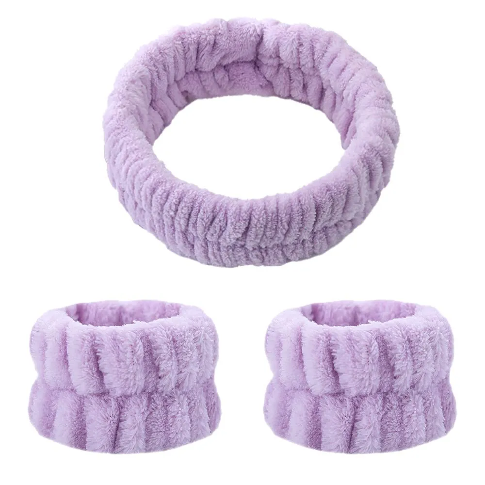 Spa Headband and Matching Wristbands for Washing Face, Adjustable Elastic Wash Wrist for Yoga Sports Make up Shower, 3pcs (Purple)