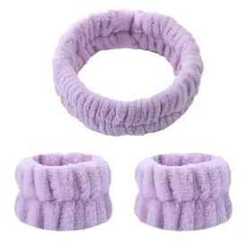 Spa Headband and Matching Wristbands for Washing Face, Adjustable Elastic Wash Wrist for Yoga Sports Make up Shower, 3pcs (Purple)