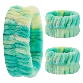 Spa Headband and Matching Wristbands for Washing FaceAdjustable Elastic Wash Wrist for Yoga Sports Make up Shower3pcs (Green)