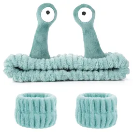 Spa Headband Face Wash Wristband Set Makeup Head Band Snail Coral Fleece Hair Band Skincare Hairband Elastic Creative Cartoon Head Wraps Cute Hair Accessories for Women Girls (Green)