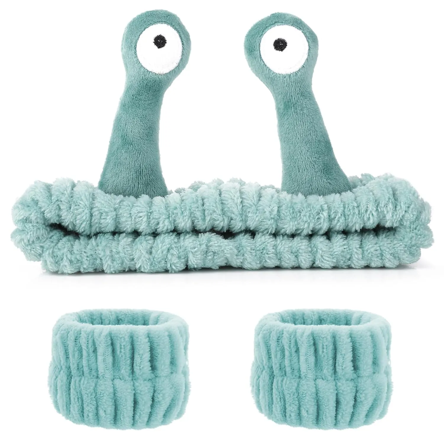Spa Headband Face Wash Wristband Set Makeup Head Band Snail Coral Fleece Hair Band Skincare Hairband Elastic Creative Cartoon Head Wraps Cute Hair Accessories for Women Girls (Green)