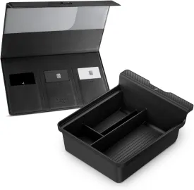Spigen Car Registration and Insurance Card Holder made with Velo Vegan Premium Leather & Console Organizer Tray(Carbon Edition) Designed for Tesla Model 3/Y with Smooth Slide Technology 2023/2022