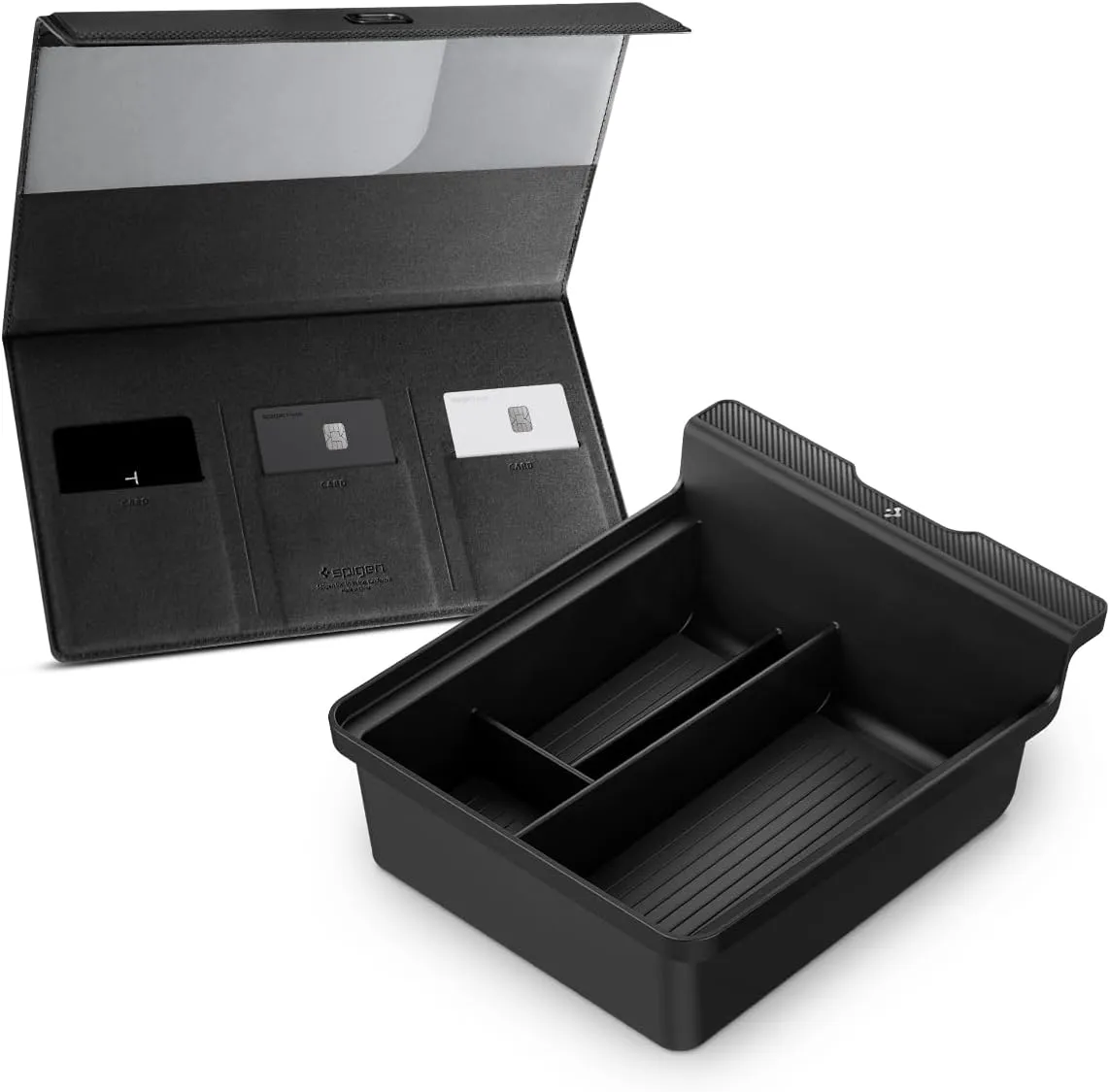 Spigen Car Registration and Insurance Card Holder made with Velo Vegan Premium Leather & Console Organizer Tray(Carbon Edition) Designed for Tesla Model 3/Y with Smooth Slide Technology 2023/2022