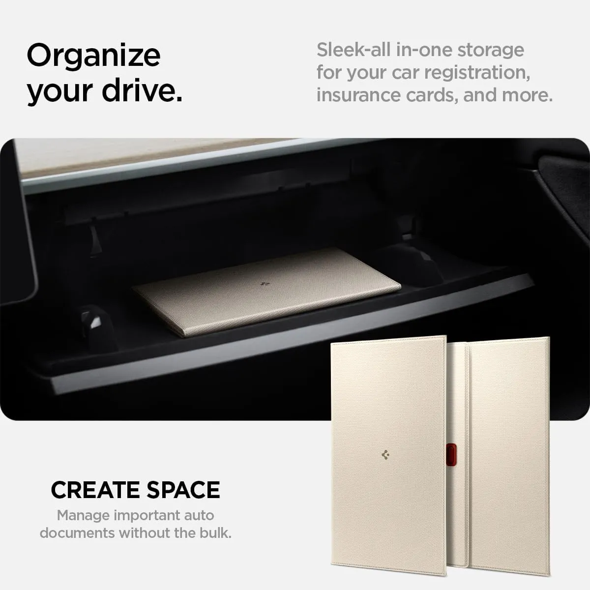 Spigen Car Registration and Insurance Card Holder Premium Velo Vegan Leather Designed for New Tesla Model Y 2025 Refresh 3/Y/S/X/Cybertruck Card Key, ID License Holder, Essential Document - Dune Beige