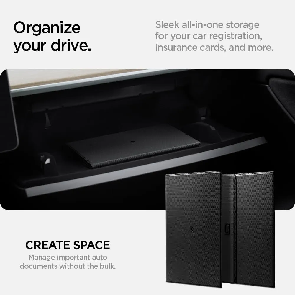 Spigen Car Registration and Insurance Card Holder Premium Velo Vegan Leather Designed for New Tesla Model Y 2025 Refresh & 3/Y/S/X/Cybertruck Card Keys, ID License Holder, Essential Documents - Black