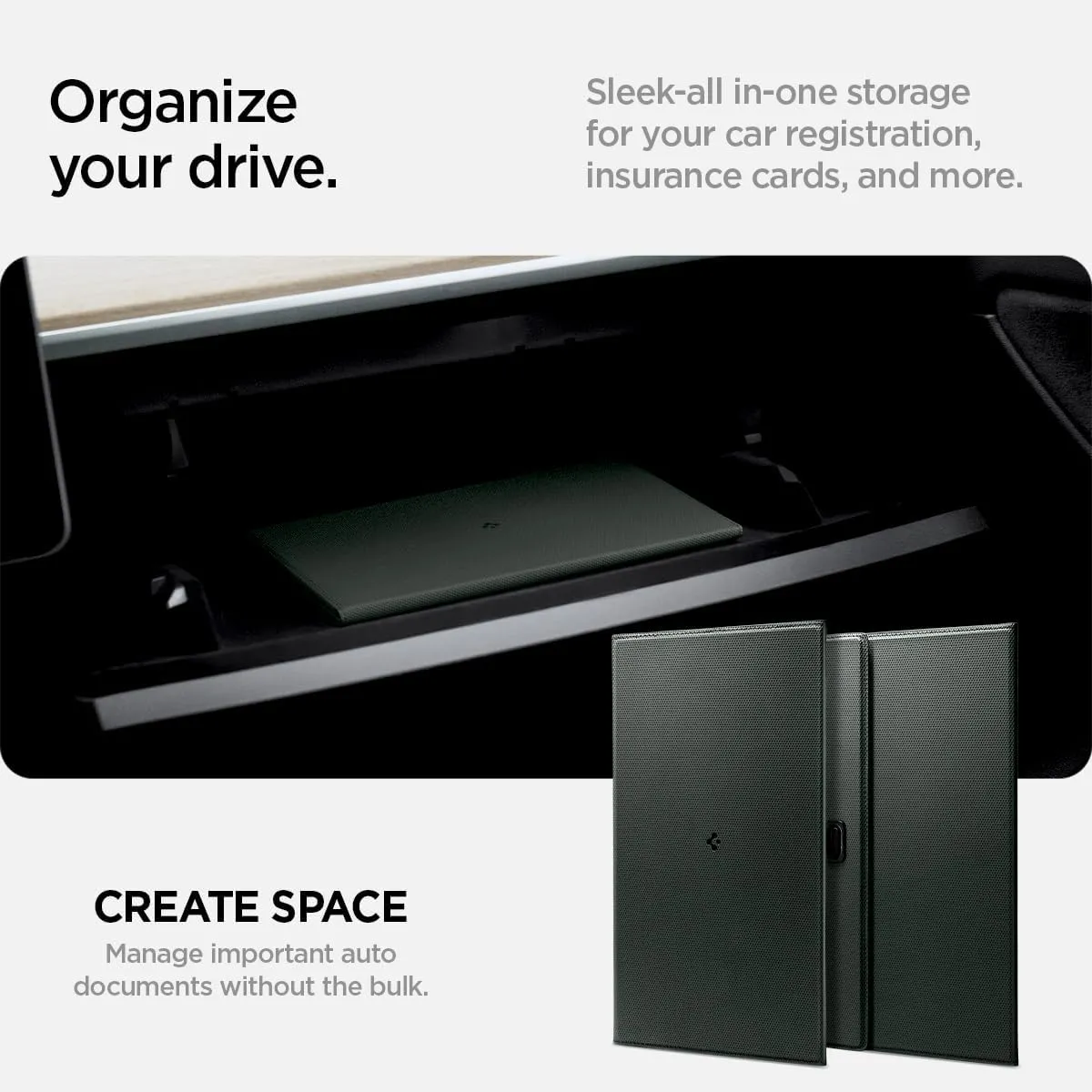 Spigen Car Registration and Insurance Card Holder Velo Vegan Premium Leather Designed for New Tesla Model Y 2025 Refresh Model 3/Y/S/X/Cybertruck Card Key, ID License, Documents - Military Green