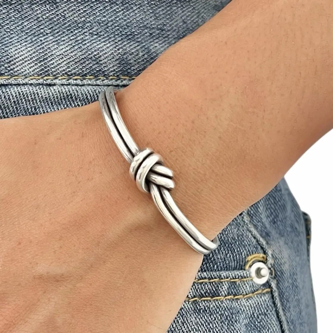 Sterling Silver Knot Cuff Bracelet, Minimalist Rustic Simple Tied Silver Wires, Adjustable 6 7/8 inches Cuff, Women size M-L, Men size S-M, Gift for Her or Him
