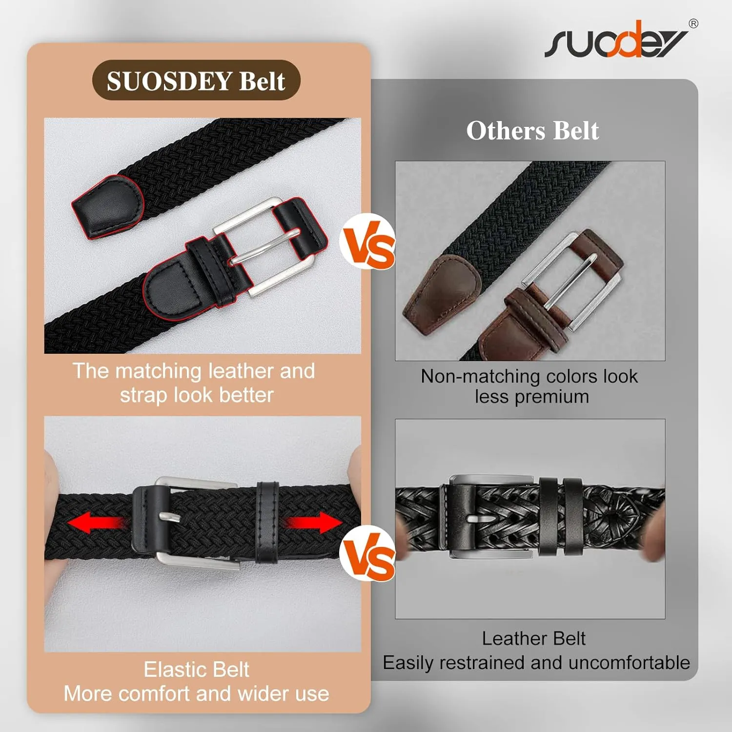 SUOSDEY Men Stretch Woven Belt Golf Braided Belt Casual Elastic Belt Web Belt for Jeans Pants