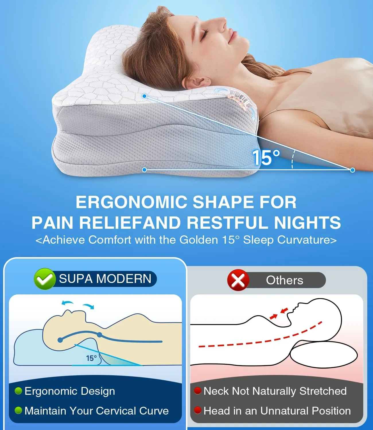 SUPA MODERN Cooling Cervical Neck Pillow for Sleeping, Contour Cool  Side Sleeper Pillow for Adults, Ergonomic Memory Foam Orthopedic Neck Pain Relief, Stomach Sleeping with Luxury Cool Cover