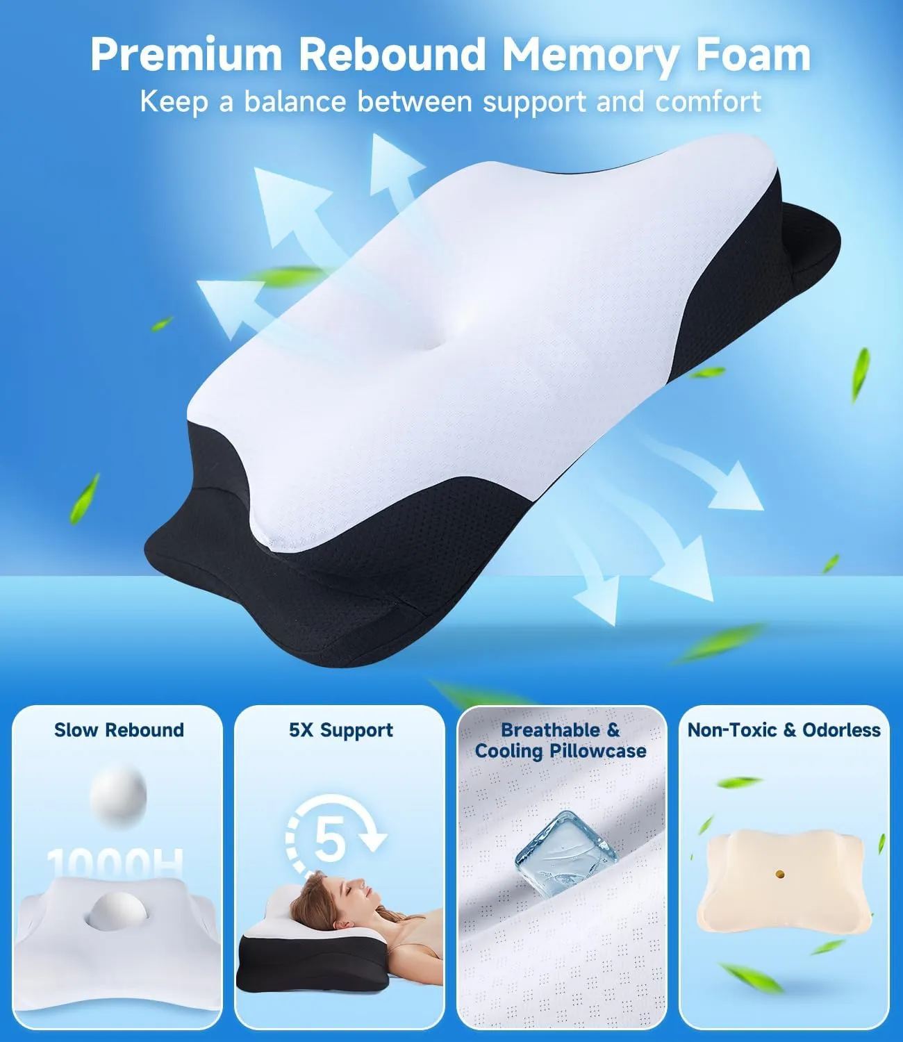 SUPA MODERN Cooling Cervical Neck Pillow for Sleeping, Contour Side Sleeper Pillow for Adults, Ergonomic Memory Foam Orthopedic Neck Pain Relief, Stomach Sleeping with Luxury Cool Cover