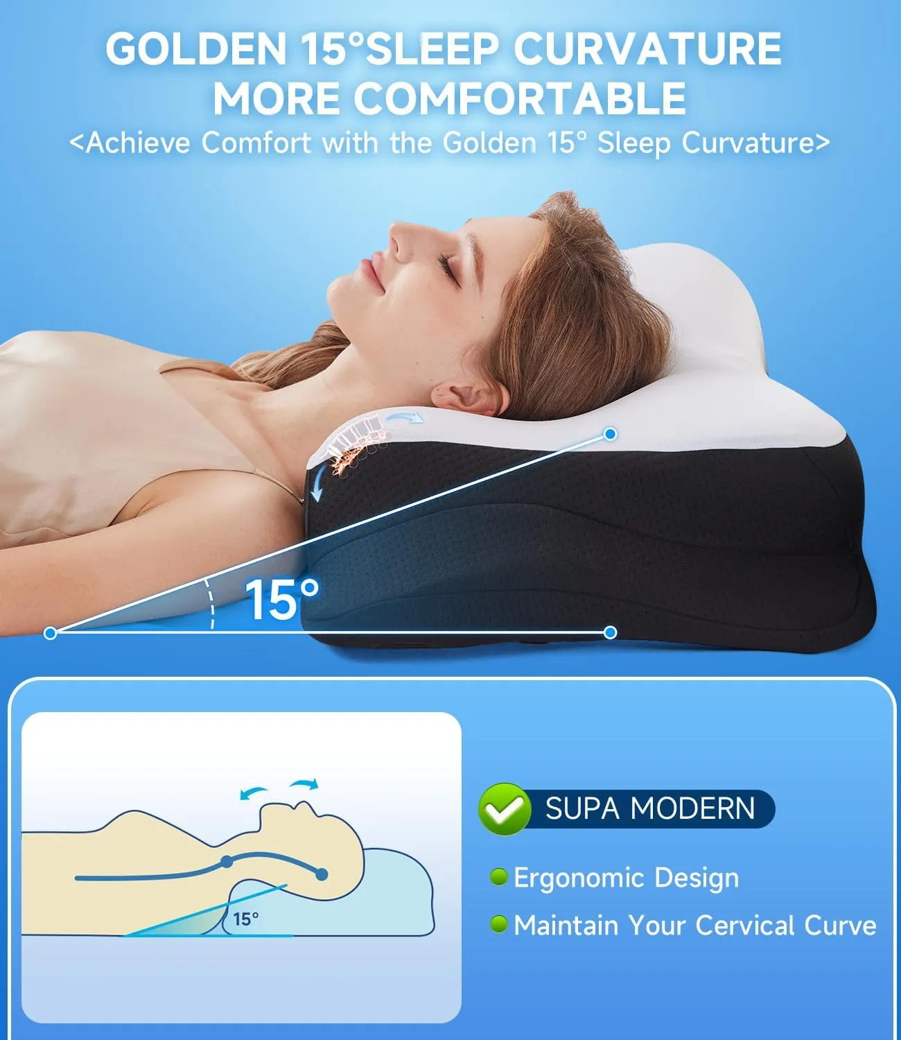 SUPA MODERN Cooling Cervical Neck Pillow for Sleeping, Contour Side Sleeper Pillow for Adults, Ergonomic Memory Foam Orthopedic Neck Pain Relief, Stomach Sleeping with Luxury Cool Cover