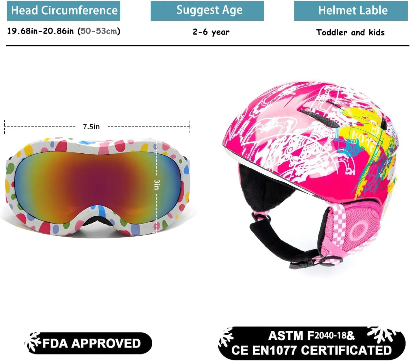 Toddler & Kids Ski Helmet Combo Pack with Googles - Lightweight, Small Size, Ages 2-6, ASTM Certified
