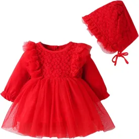 Toddler Baby Girl Long Sleeve Fall Dress Flower Lace Wedding First Birthday Baptism Christening Dresses with Hat Outfit