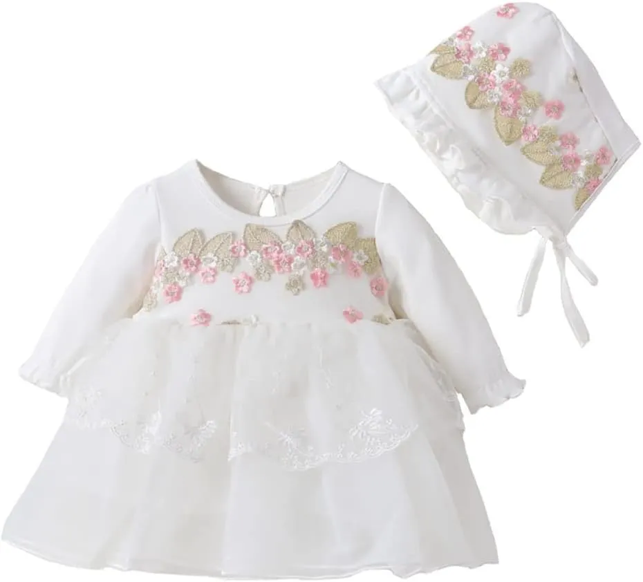 Toddler Baby Girl Long Sleeve Fall Dress Flower Lace Wedding First Birthday Baptism Christening Dresses with Hat Outfit