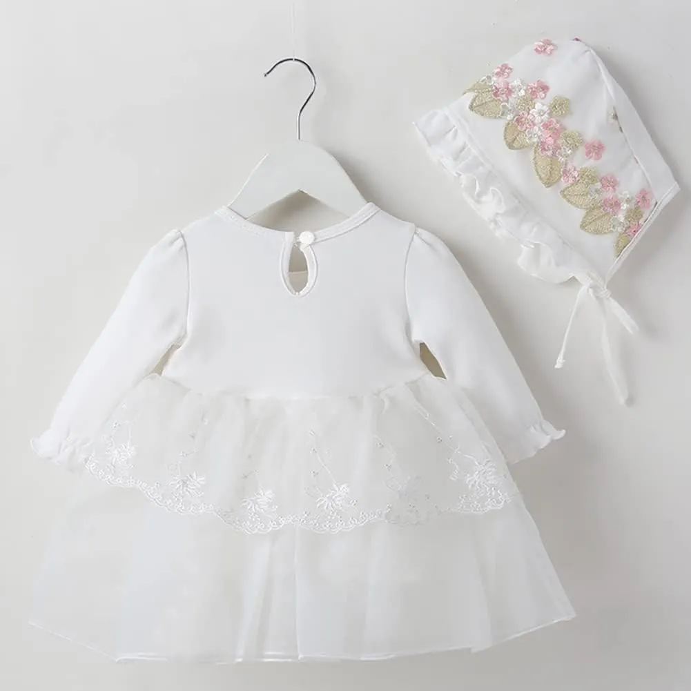 Toddler Baby Girl Long Sleeve Fall Dress Flower Lace Wedding First Birthday Baptism Christening Dresses with Hat Outfit