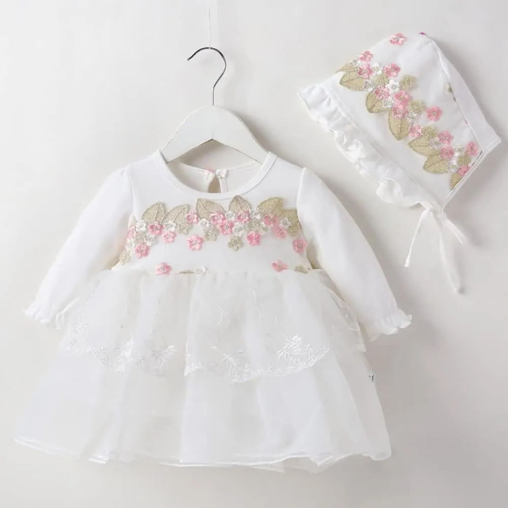 Toddler Baby Girl Long Sleeve Fall Dress Flower Lace Wedding First Birthday Baptism Christening Dresses with Hat Outfit