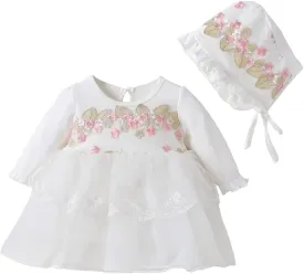 Toddler Baby Girl Long Sleeve Fall Dress Flower Lace Wedding First Birthday Baptism Christening Dresses with Hat Outfit