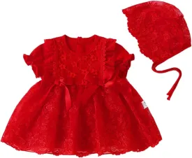 Toddler Baby Girl Long Sleeve Fall Dress Flower Lace Wedding First Birthday Baptism Christening Dresses with Hat Outfit