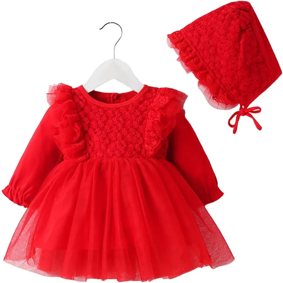 Toddler Baby Girl Long Sleeve Fall Dress Flower Lace Wedding First Birthday Baptism Christening Dresses with Hat Outfit
