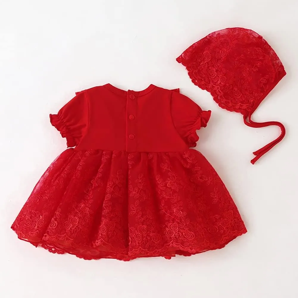 Toddler Baby Girl Long Sleeve Fall Dress Flower Lace Wedding First Birthday Baptism Christening Dresses with Hat Outfit