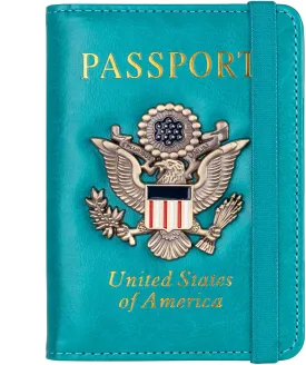 TOURSUIT RFID Blocking Passport Holder for Women Men, Leather Passport Travel Wallet with Metal 3D Metal Badge, Travel Document Holder Cover Accessories (Light Blue)