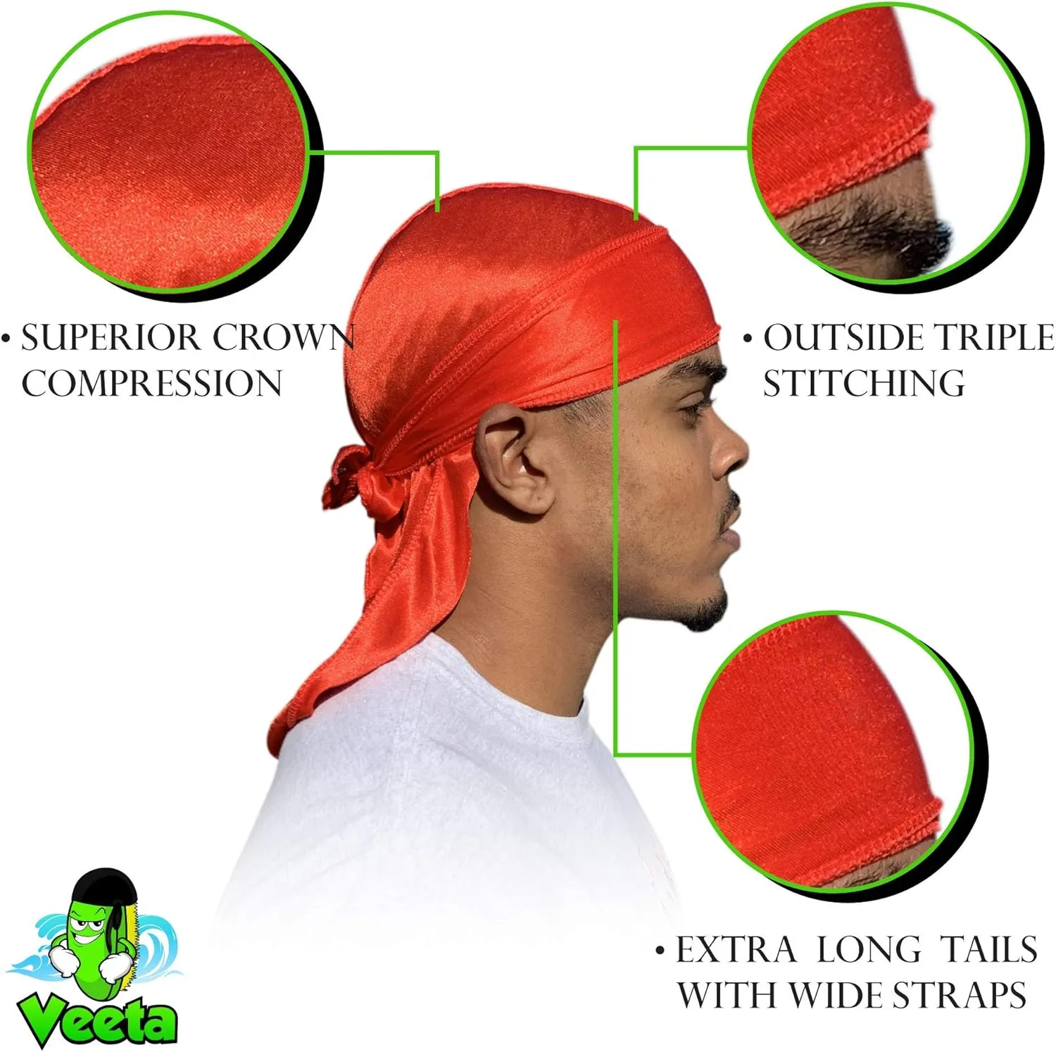 Veeta Superior Silk Durag - Smooth Silk Durag for Men & Women, Long Double Wide Straps, Outside Seam Triple Stitch Du Rag