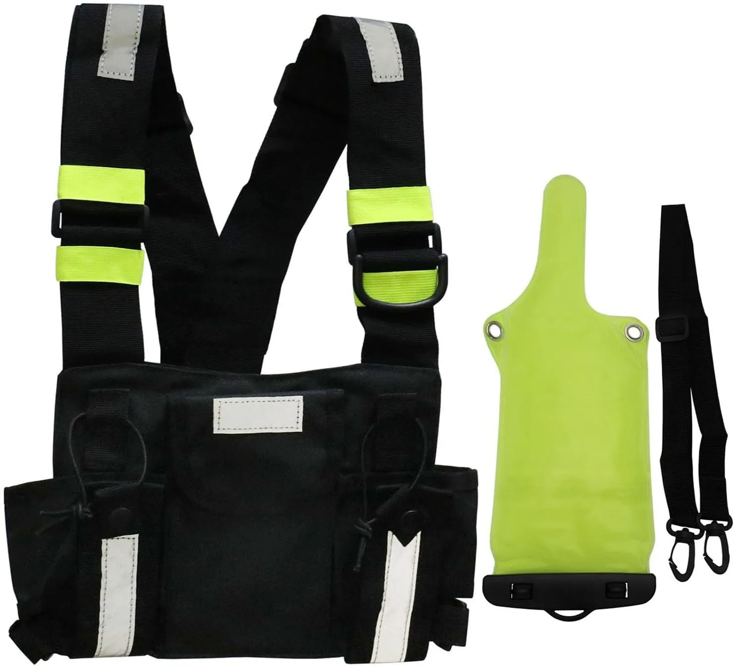 Walkie Talkie Vest Yellow Reflective Band Chest Harness Holder Vest Rig for Two Way Radio Chest Front Pack Pouch Walkie Talkie Case with Waterproof Rainproof Bag