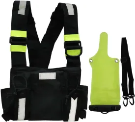 Walkie Talkie Vest Yellow Reflective Band Chest Harness Holder Vest Rig for Two Way Radio Chest Front Pack Pouch Walkie Talkie Case with Waterproof Rainproof Bag